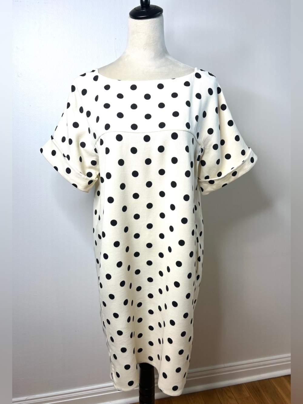 Oscar de la Renta Polka Dot Wool Dress Ivory Black Bow Back Italy  SZ 10 EUC